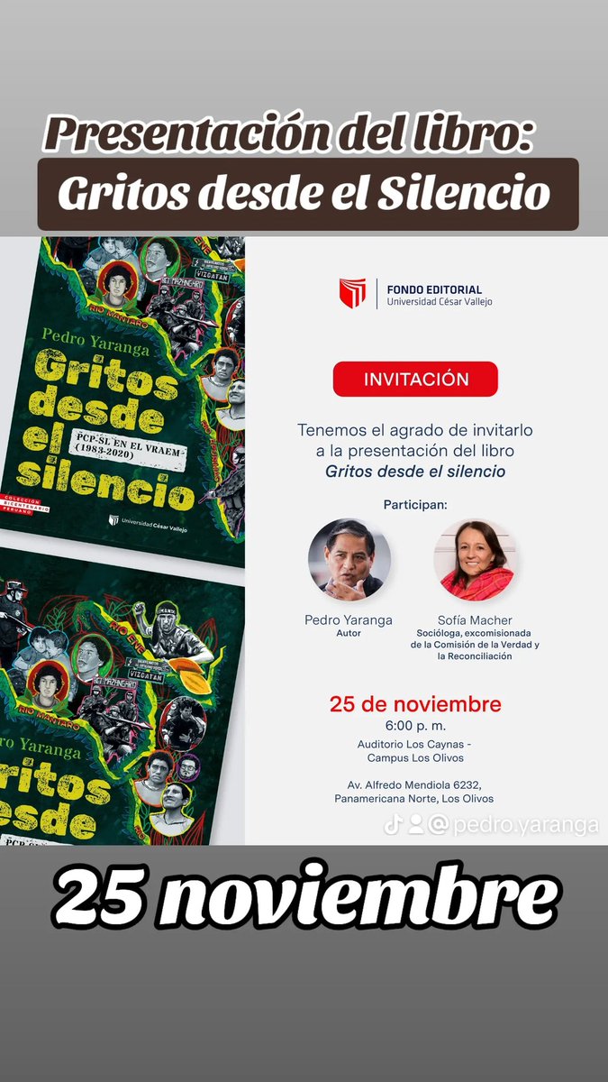 Pedro_vrae's tweet image. Estimados amigos, este lunes 25, todos están invitados a la presentación del libro: #GritosDesdeelSilencio. 
Una investigación científica, y un análisis exhaustivo sobre diversas etapas del #PCP-SL en el #Vraem. La existencia de masas cautivas, campos de concentración