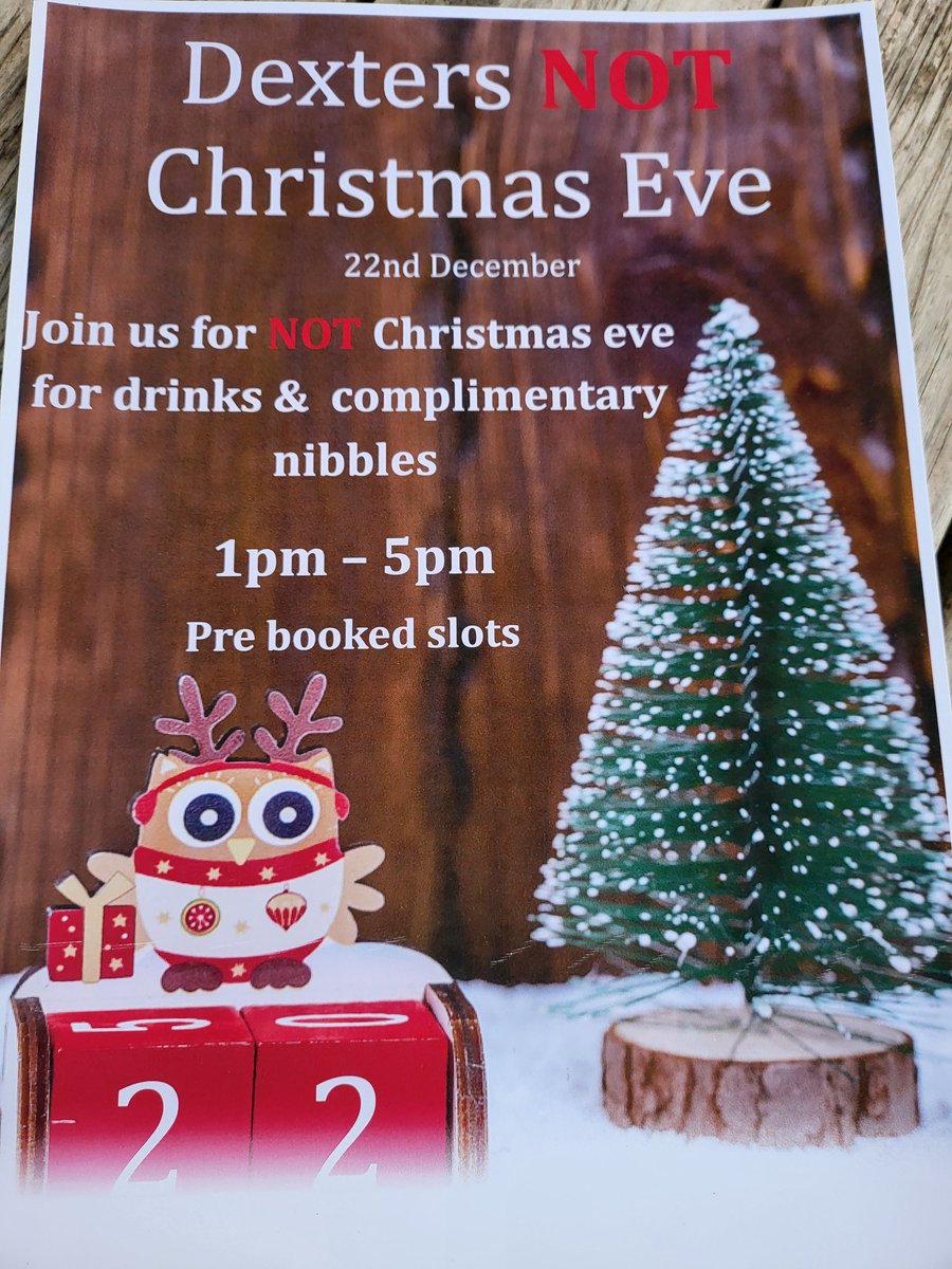 NOT Christmas Eve 

Due to when Christmas Eve falls this year, we will be doing our annual Christmas Eve soiree on Sunday 22nd December. 

Booking essential!!

Available Slots

1pm -2.45pm
3pm -5pm 

Apologies for any inconvenience.