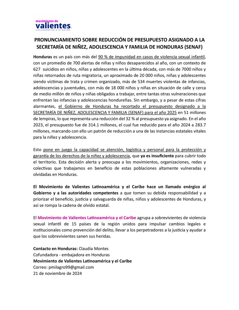 El Gobierno de #Honduras ha recortado el presupuesto designado a la SECRETARÍA DE NIÑEZ, ADOLESCENCIA Y FAMILIA (SENAF) para el año 2025 en 51 millones de lempiras, lo que representa una reducción del 32 % al presupuesto ya asignado. Este es nuestro pronunciamiento.