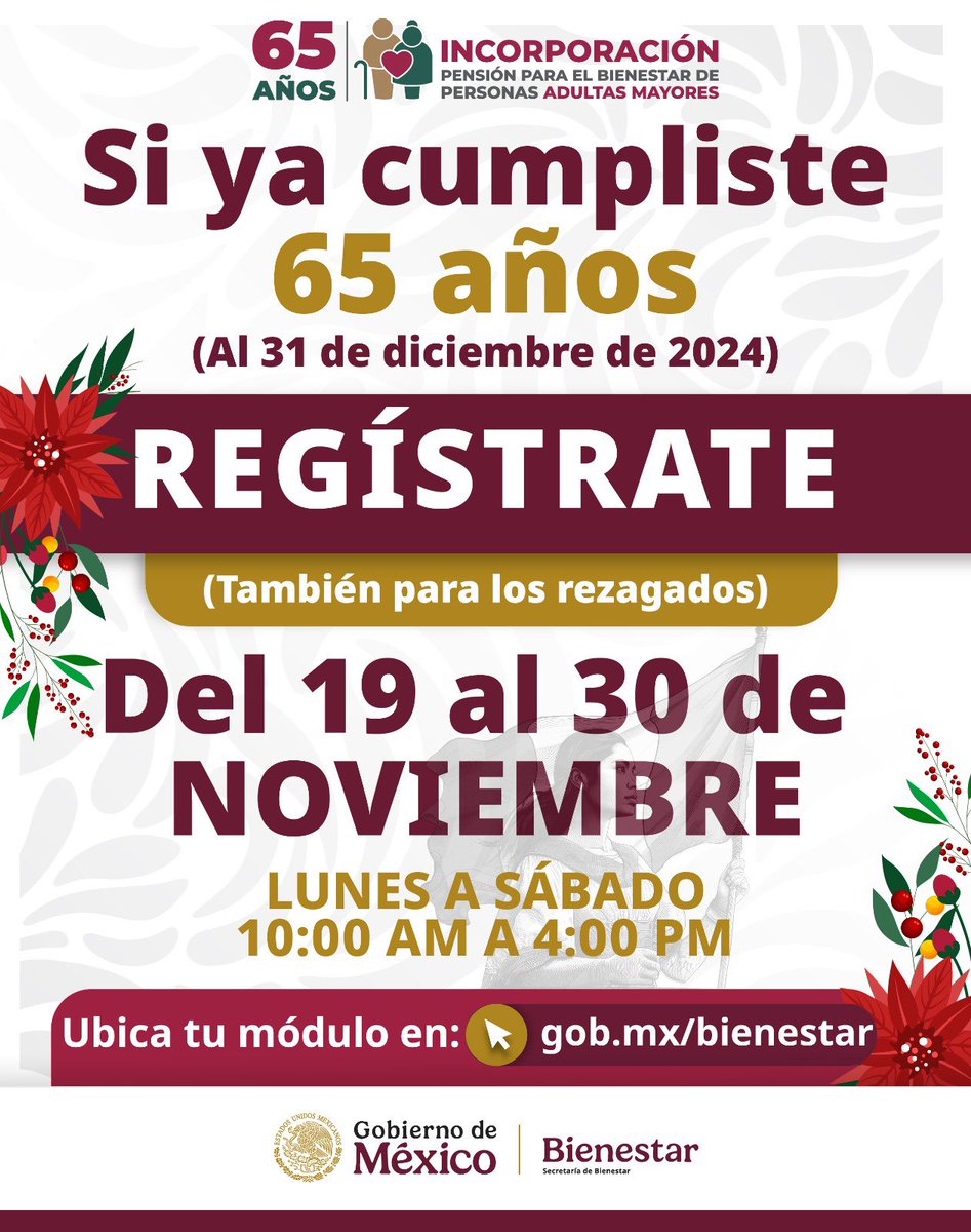 ❤️Aviso #AdultosMayores❤️
Ya puedes registrarte a la #PensiónAdultoMayor, si cumpliste o cumples 65 años al 31 de diciembre de 2024. También rezagados.

#RecuerdaQue es de acuerdo a la letra de tu primer apellido, en el #MóduloBienestar más cercano a tu domicilio, consúltalo