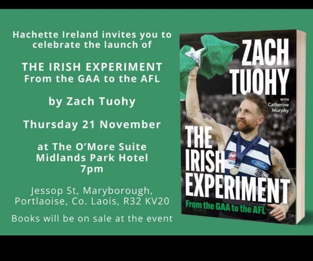 Zach Tuohy's book launch is tonight <a href="/MidlandsPark/">Midlands Park Hotel</a> <a href="/DowntownPortlao/">Downtown Portlaoise</a> at 7pm. Family friendly, all welcome <a href="/PortlaoiseGAA/">Portlaoise GAA</a> <a href="/MidlandsSport/">Midlands 103 Sport</a> <a href="/SmallerFishGAA/">Smaller Fish</a> <a href="/offtheball/">Off The Ball</a> <a href="/laoisclg/">Official Laois GAA</a> <a href="/HachetteIre/">Hachette Ireland</a> <a href="/RoyCurtis68/">Roy Curtis</a> <a href="/LaoisToday/">Laois Today</a> <a href="/AFL/">AFL</a> <a href="/GeelongCats/">Geelong Cats</a> <a href="/Wanderingelk/">The Wandering Elk</a> #booklaunch