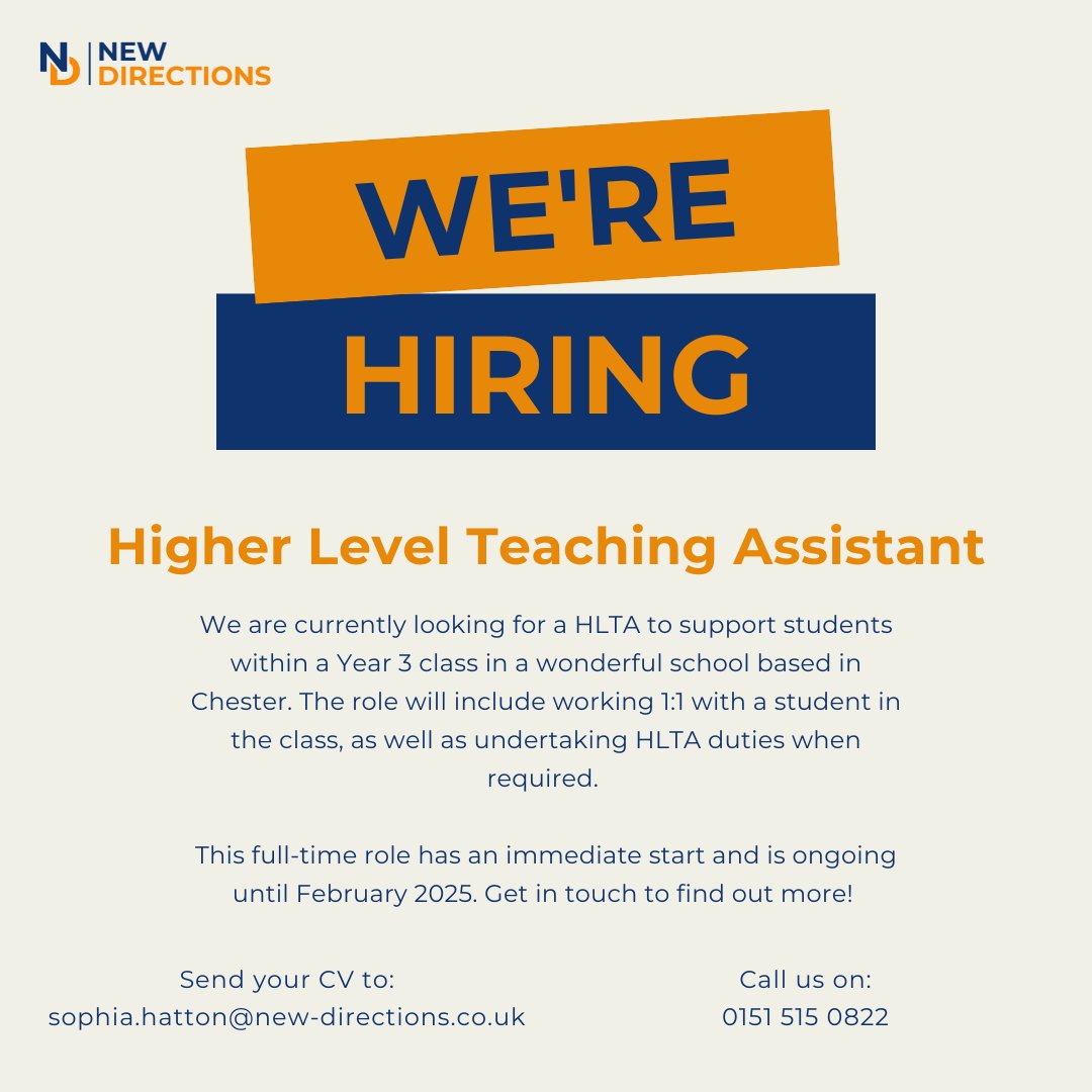 🌟 Hot job! 🌟 

We are currently looking for a HLTA for a fantastic, well regarded school based in Chester. With an immediate start this is a fantastic role for anyone looking to hit the ground running! 

If you would like to hear more about the role, get in touch!