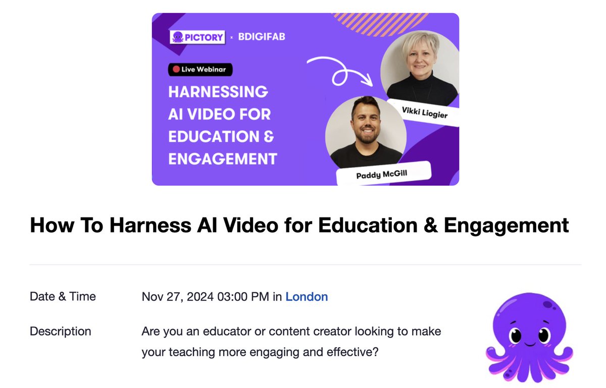 🎥 Transform Text into Videos with #AI @ pictory.ai/bdigifab 🚀

✨ Join our free 60mn, hands-on workshop &amp; learn how to use <a href="/pictoryai/">pictory</a> to create engaging &amp; professional #video content

Wednesday, November 27, 3pm
👉 Sign Up: bit.ly/4fxxD6P

 #AIForEducation #EdTech