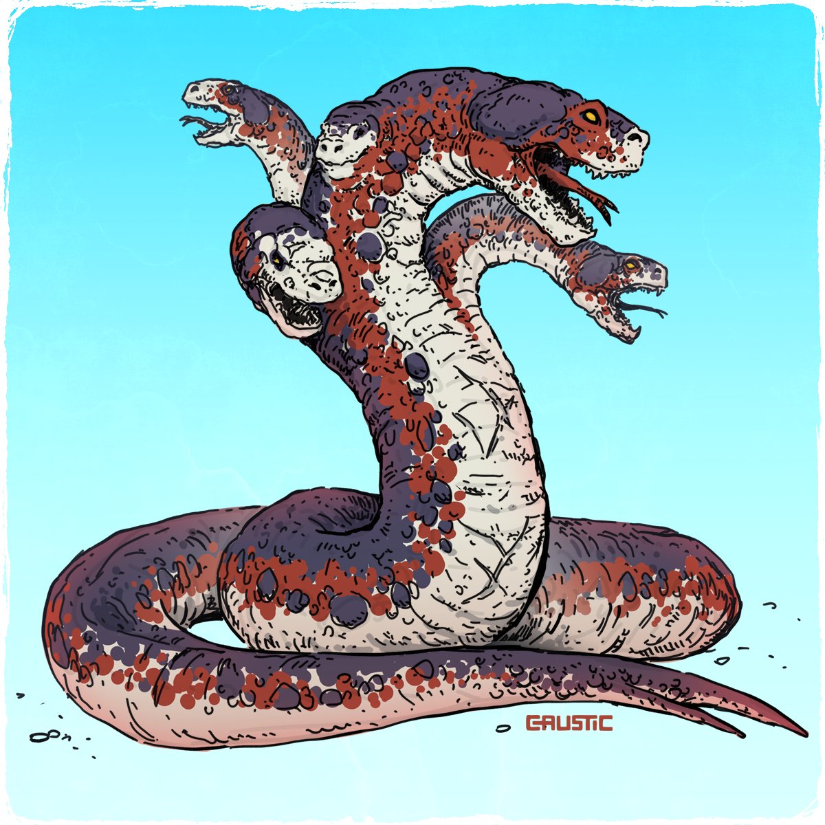 OfCaustic's tweet photo. Some snaky art... It's a hydra with a color scheme inspired by Apep (Apophis).

#snake #hydra #swordandsorcery #ttrpg #artist #drawing #monsterdesign #greekmythology #egyptianmythology https://t.co/7JYjvcCKe5