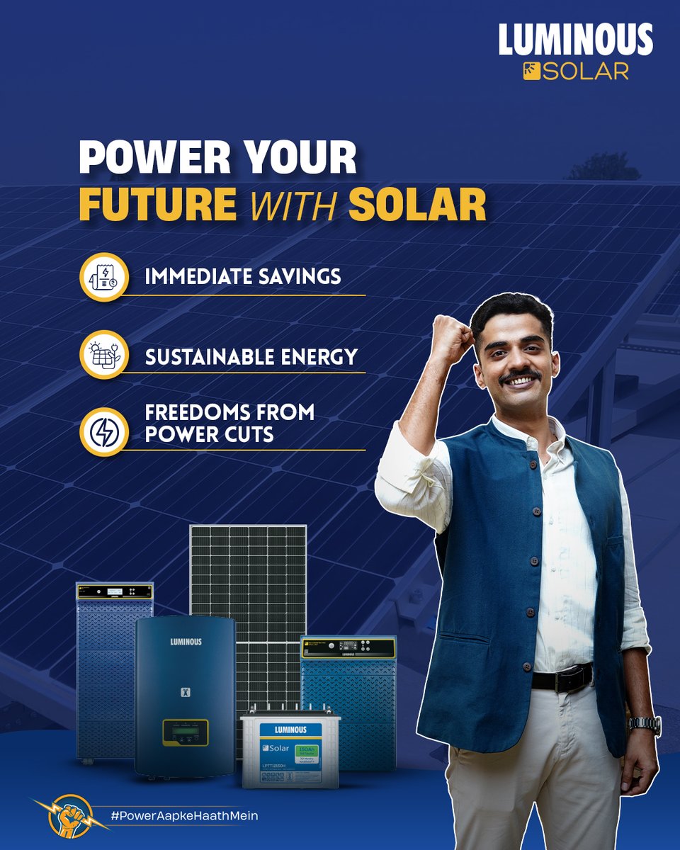 myluminous's tweet image. Power your dreams with solar energy! Save on bills, reduce worries, boost productivity, and secure your energy needs. Take control of your energy future today. Call 9990299902 to learn more.

Buy now: bit.ly/3VV6vrj

#Luminous #PowerAapkeHaathMein #LuminousSolar