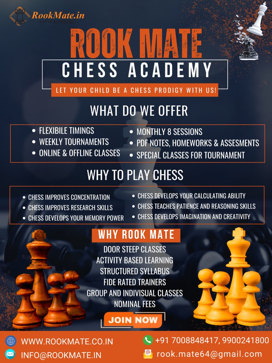 Rookmate64's tweet image. Chess isn’t just a game—it’s a gateway to success!🎯♟️ 🚀 Let’s teach students to think ahead with Rookmate Chess Academy.

🏅 𝗝𝗼𝗶𝗻 𝘂𝘀 𝗻𝗼𝘄 𝗮𝘁 👉rookmate.co.in

#ChessGoals #RookmateJourney #EmpoweringStudents #ChessLife #RookmateAcademy #EducationalFun
