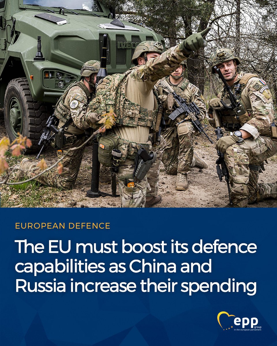 EPPGroup's tweet photo. Over the past decade, Moscow and Beijing have increased their defence budgets by almost 3⃣0⃣0⃣% and 6⃣0⃣0⃣%, respectively. 

At the same time, EU countries have increased their GDP by 2⃣0⃣%. 

Europe must act now. 

Read: https://t.co/QuYdAI6wdz 

#EUDefence https://t.co/FgBRIctOrF