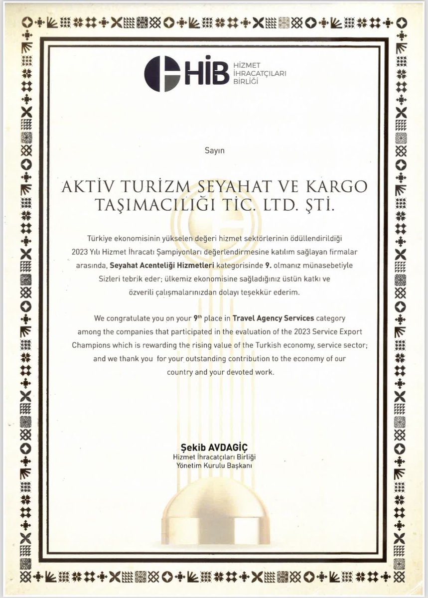 Bu gurur tüm <a href="/honestgloball/">Honest Global</a> ailesinin. 2023 yılı için Hizmet İhracatı olarak kültür turizm kategorisinde Türkiye 1. ve tüm Türkiye’de 9. olduk. Ülkemiz için çalışmaya , değer yaratmaya , katkı sağlamaya devam ediyoruz. <a href="/SekibAvdagic/">Şekib Avdagiç</a> <a href="/omerbolatTR/">Prof. Dr. Ömer Bolat</a> <a href="/HonestHolding/">Honest Holding A.Ş.</a>