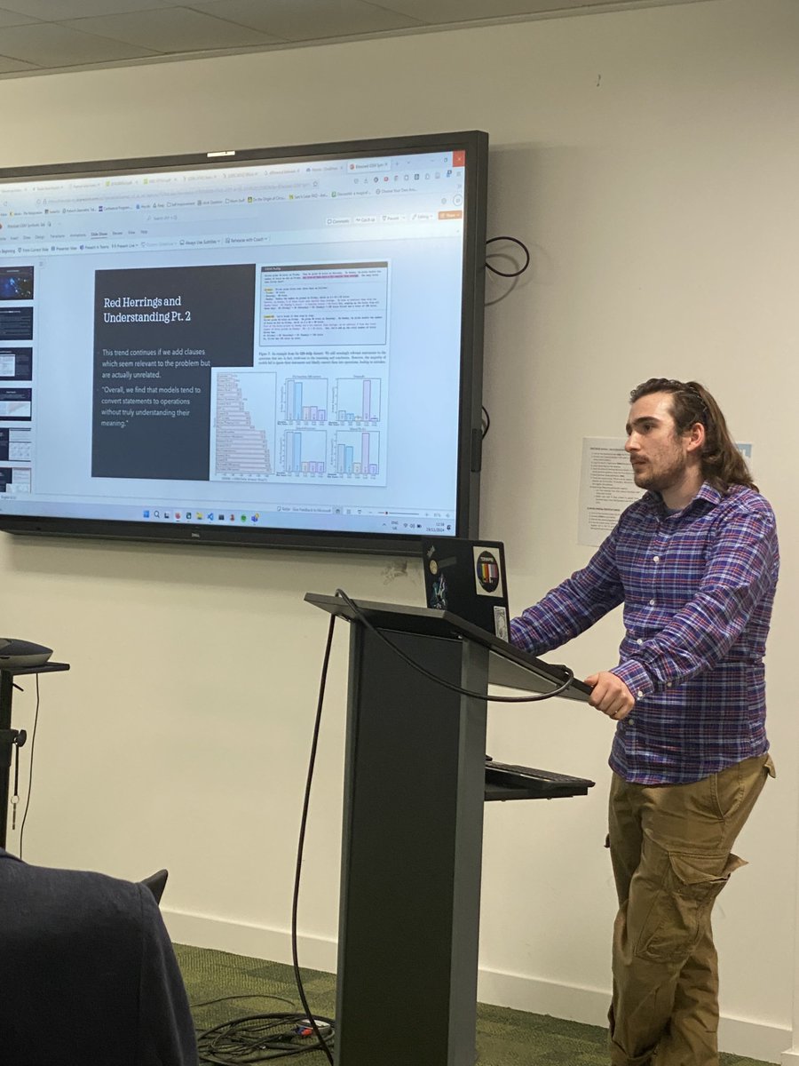 FAICDT1's tweet image. At this week&apos;s #bitesize talk, it was insightful to listen to Emilio McAllister Fognini as he led an overview and discussion of the recent GSM-Symbolic Paper and what it might mean for LLM research and the development of AGI and AI agents! #phdlife