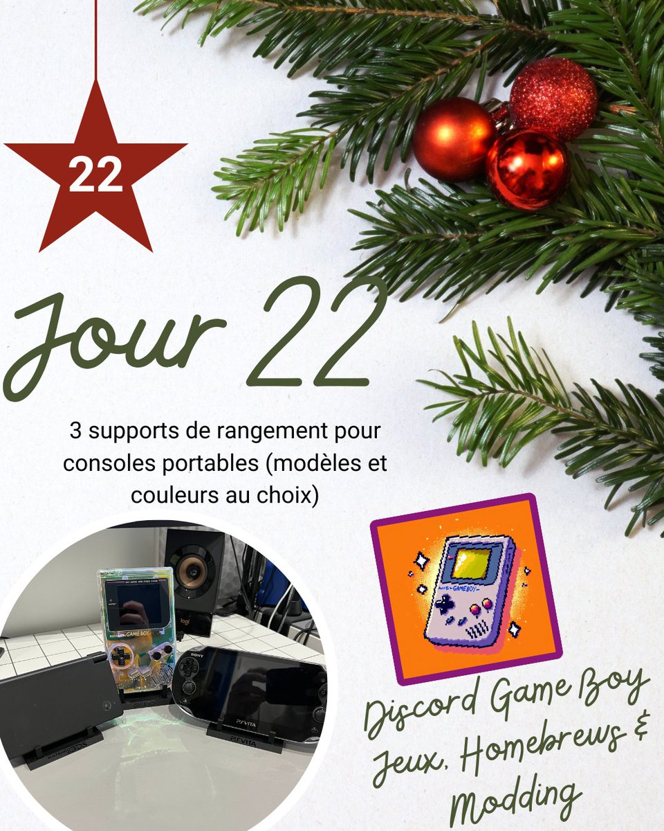 DiscordGB_FR's tweet image. Calendrier de l&apos;avent ! 
22/24
Gagnez 3 supports pour vos consoles portables préférées (au choix) offerts par @Guigro

Pour participer : 
1️⃣Suivez le compte
2️⃣RT
3️⃣ Suivez le compte @Guigro

Fin le 22/12/2024 à 23h59 - Tirage au sort le lendemain
#concours