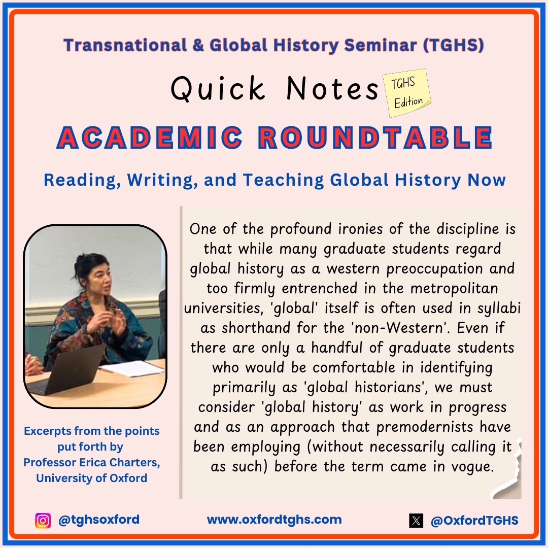 OxfordTGHS's tweet image. Quick Notes: TGHS Edition- These notes offer a quick glimpse into our speakers&apos; compelling ideas on teaching, methodology, and writing Global Histories, from our recent academic roundtable.
 #GlobalHistory #QuickNotes #OxfordUniversity