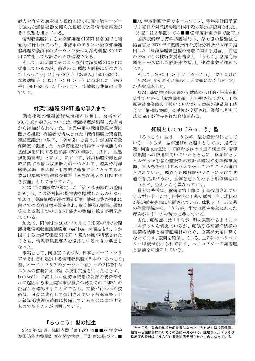 chinottomateba's tweet image. 「雷撃ネイビーマガジン20XX年6月号」こと「プレ版艦娘母艦合同」に寄稿させていただいた「ろっこう」型情報収集艦に関する待葉記事です。
「艦娘運用能力を有していれば艦娘母艦」のレギュレーションに基づき、対深海棲艦SIGINTを担う情報収集艦にて書かせていただきました。
＃艦娘母艦合同