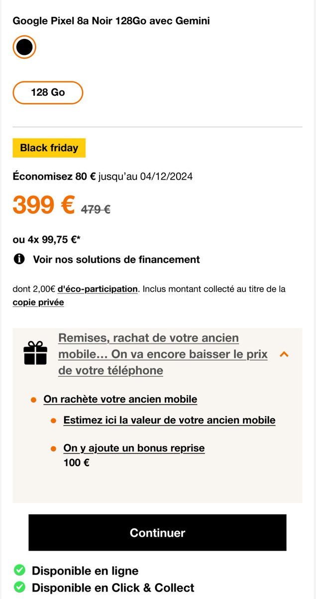 Si vous avez un vieux téléphone qui traîne, y'a un bonus reprise chez Orange (click &amp; collect pour que ce soit immédiat) même si votre téléphone est repris 0 € 😏
Ça fait le Pixel 8a à 299€ par exemple : boutique.orange.fr/mobile/details…