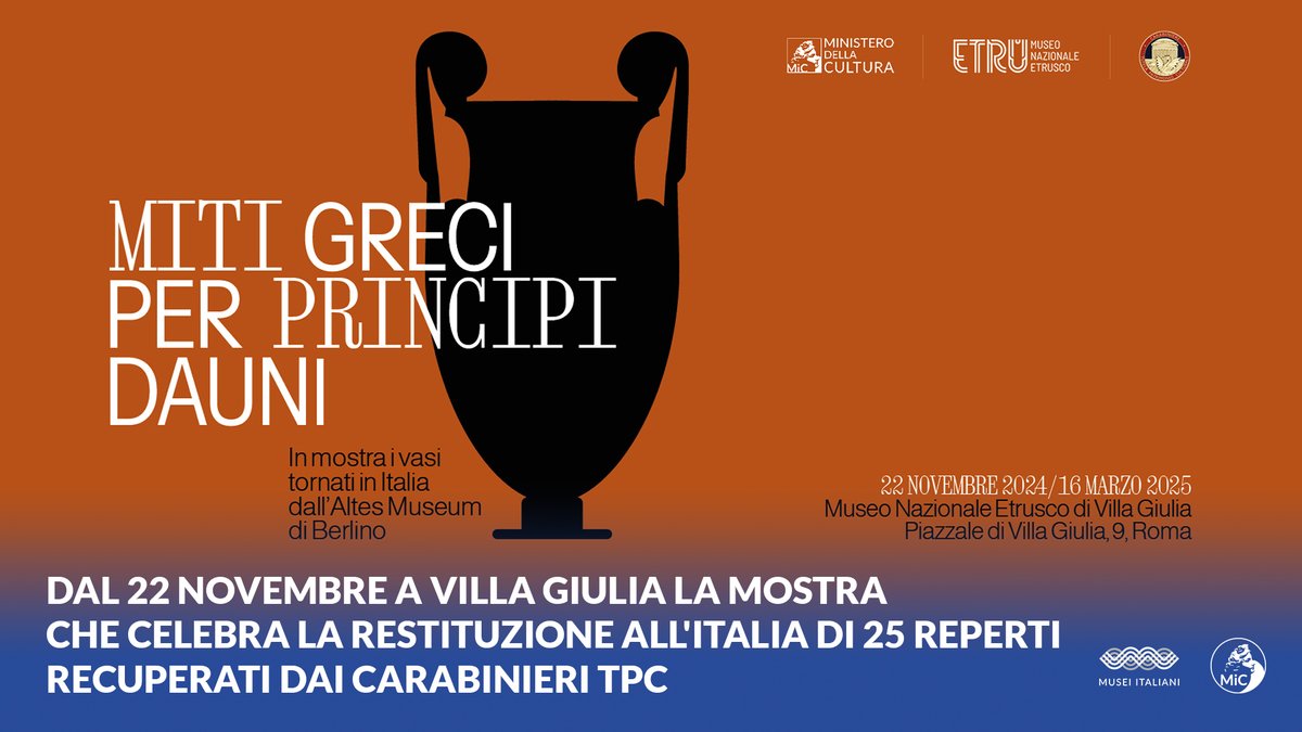 Il #22novembre 2024, a <a href="/VillaGiuliaRm/">Museo Etrusco Villa Giulia Roma</a>, apre al pubblico la mostra "Miti greci per principi dauni", che celebra la restituzione all'Italia di 25 reperti archeologici recuperati nell’ambito di una riuscita operazione di diplomazia culturale condotta con i <a href="/_Carabinieri_/">Arma dei Carabinieri</a> TPC.