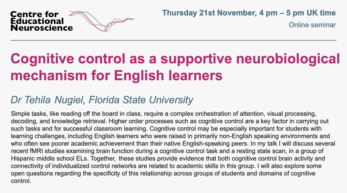 UoL_CEN's tweet image. 🎉Today at the CEN seminar, Dr Tehila Nugiel 
@t_nugiel will be discussing her research on &quot;Cognitive control as a supportive neurobiological mechanism for English learners&quot; - Thu November 21, 4-5 pm UK time - all welcome!