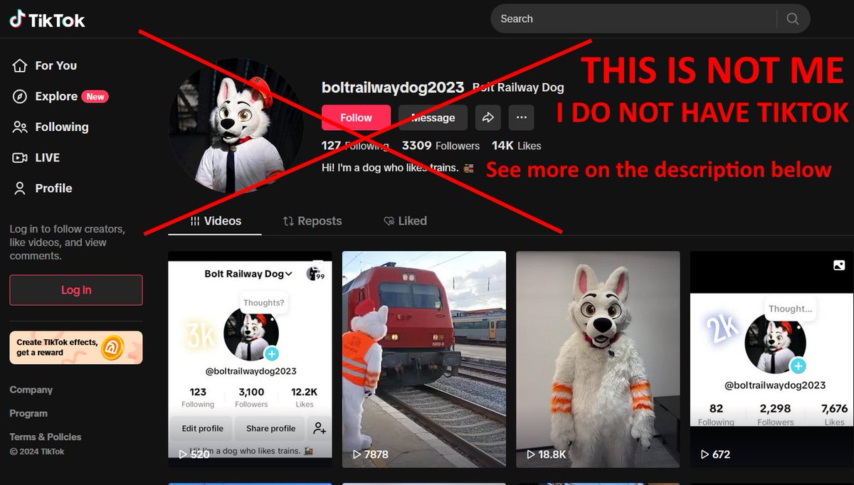 B_railway_dog's tweet photo. ⚠️ BEWARE ⚠️

I don't like problems with nobody, but this has been annoying me for a while and people keep thinking I have TikTok. 

I DO NOT HAVE TIKTOK. THIS USER IS NOT ME. I DO NOT WANT TO HAVE  TIKTOK. ⚠️⚠️⚠️⚠️

I have tried reaching out @TikTokSupport via official forms with no response so far. Please do NOT support this channel, please report it and BLOCK. Please share this for awareness. 

My official social media channels can be found on my LinkTree ( https://t.co/tv4wYHFyp8 ).

Thank you for your attention and cooperation. 🙂