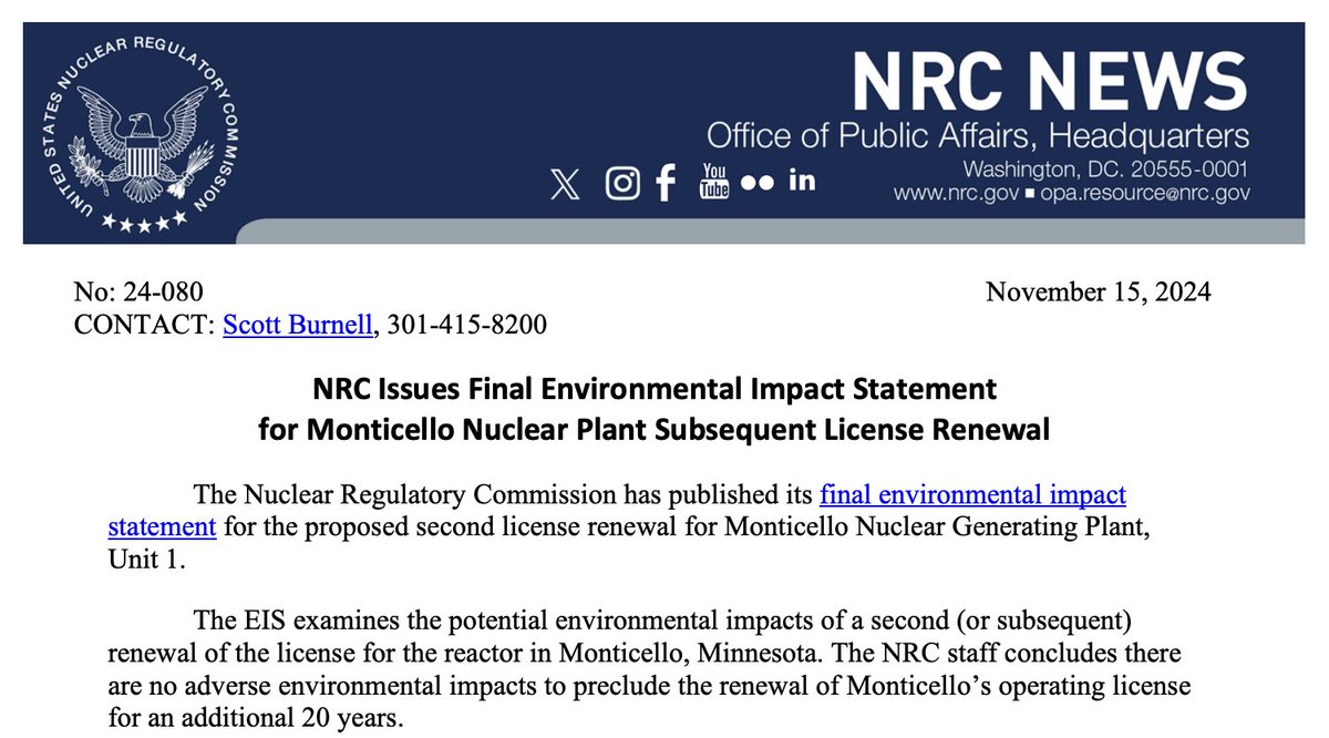 NotCommission's tweet image. 👍 NRC approves Monticello Nuclear Plant's license renewal with no significant environmental risks! But why does it take so long—or result in refusals—for other projects? Let's ensure fair &amp;amp; timely reviews for all. Reliable clean energy is essential! 🌱
nrc.gov/cdn/doc-collec…