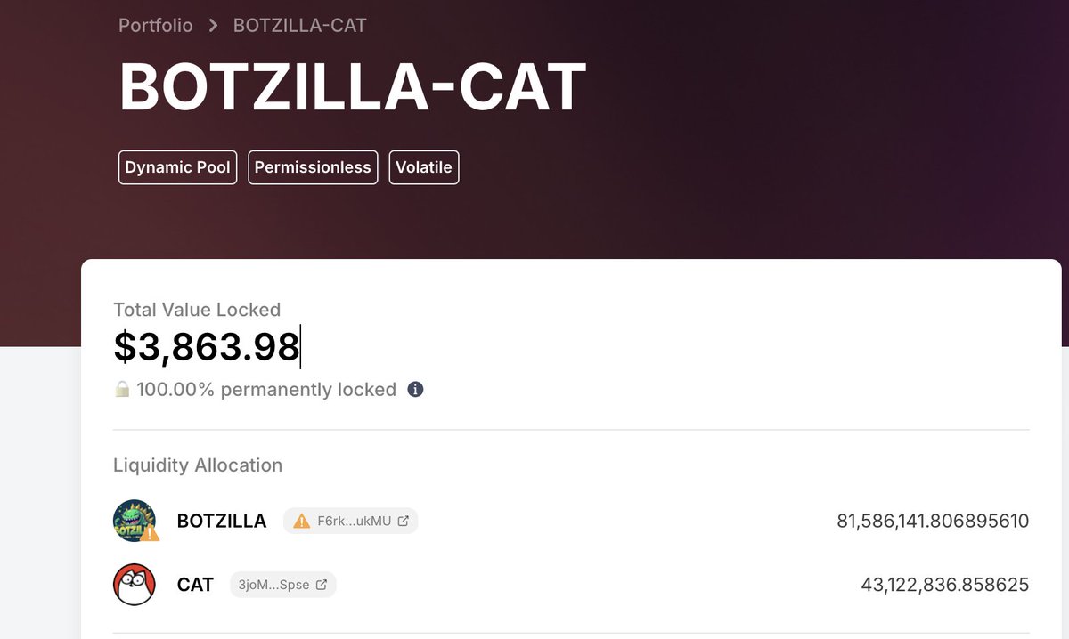 BotzillaCoin's tweet image. Not looking back
Locking permanently 
81,586,141 $botzilla
43,122,836 $CAT @SimonsCat 
app.meteora.ag/pools/5huP9cTj…
