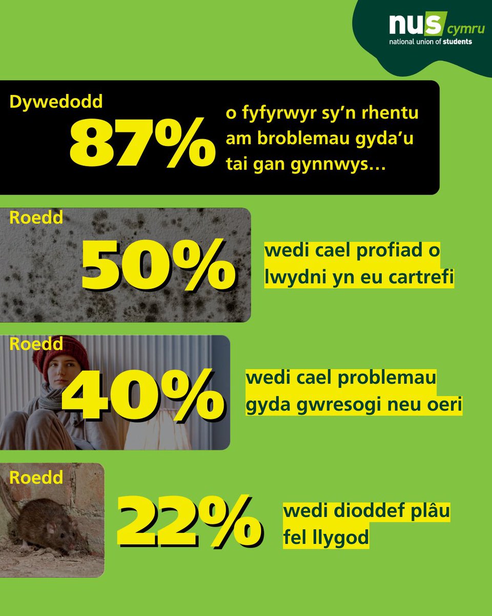 NUSWales's tweet photo. Mae canlyniadau'r Arolwg Mawr Tai Myfyrwyr yn rhoi cipolwg brawychus ar gyflwr tai myfyrwyr yng Nghymru.

Llofnodwch ein deiseb trwy'r ddolen yn ein bio i'n helpu ni i ddatrys yr argyfwng tai myfyrwyr am byth. https://t.co/sxTcEh7ps8