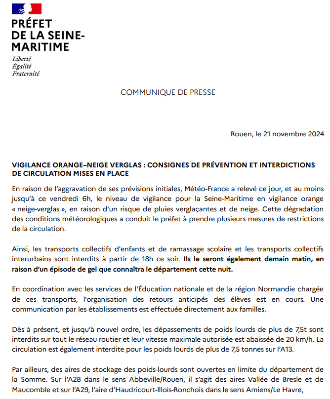 Dégradation des conditions météo ❄️🌨️

Retrouvez les mesures de restriction de la circulation prises en #SeineMaritime.

👉 À noter: les transports scolaires et collectifs interurbains sont interdits à partir de 18h, ainsi que demain vendredi en raison d'un épisode de gel annoncé