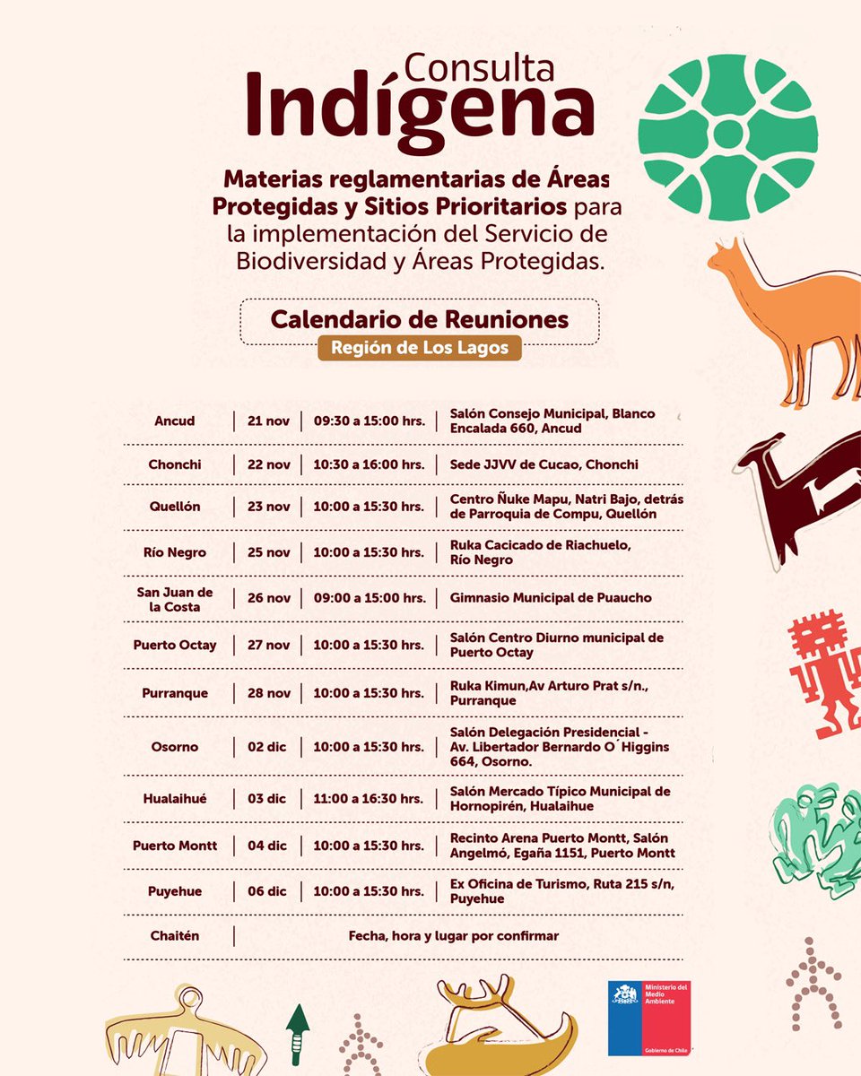 🌍 ¡Invitación a la Consulta Indígena! 🌿 

El Ministerio del Medio Ambiente de Chile abre un espacio de diálogo para comunidades y pueblos indígenas sobre regulaciones que impactarán nuestras Áreas Protegidas.

📅 Para conocer el calendario de encuentros y cómo participar
👇