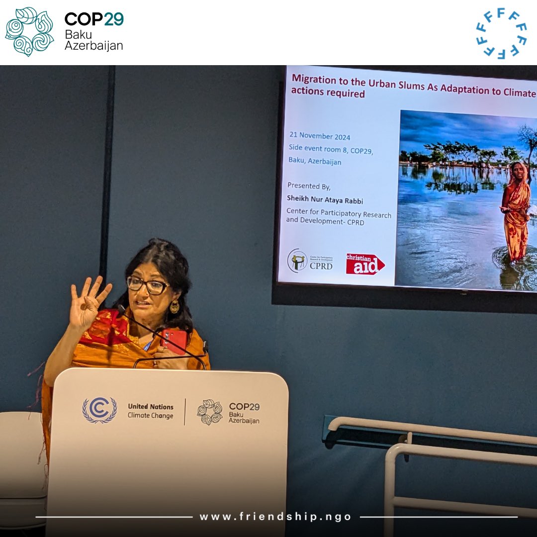 🔴 Happening Now at #COP29

📍 Side Event Room 8

The panelists including <a href="/runakhan_ed/">Runa Khan</a>, Founder, Friendship have joined for an insightful session on climate change-induced displacement and migration in Bangladesh.

#ClimateAction #Migration #Bangladesh #friendshipngo