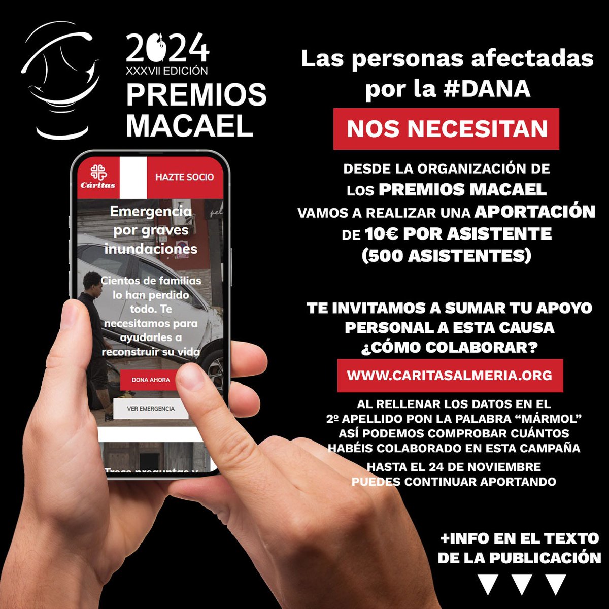 VALENCIA NOS NECESITA
Colabora con nuestra iniciativa solidaria en favor de #Valencia.
⬇️
#PremiosMacael2024 #MacaelAwards2024 #dana #solidaridad #valencia #valencianosnecesita