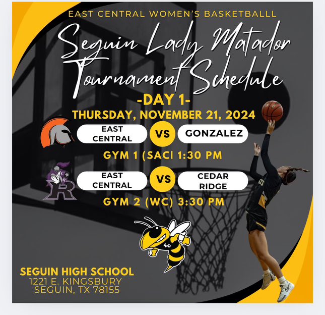 _ECGBasketball's tweet photo. Today is day ☝🏽of the Seguin Lady Matador Tournament. Our women’s basketball team takes on Gonzales followed by Cedar Ridge. It’s a good day to play some basketball! https://t.co/iCArZ6kmKk