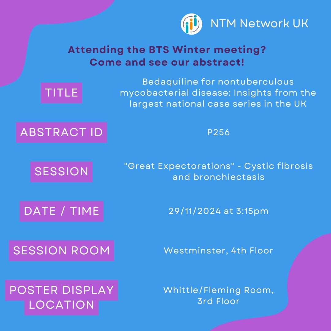 NTM Network UK (@ntmnetworkuk) on Twitter photo Are you attending the BTS Winter meeting next week? Come and join the discussion on our abstract - "Bedaquiline for NTM disease: Insights from the largest national case series in the UK." <a href="/DrKartikKumar/">Kartik Kumar</a> <a href="/Mimi_Malhotra/">Akanksha Mimi Malhotra</a> <a href="/TCapper78/">Toby Capstick</a>
<a href="/ElaineBowman8/">Elaine Bowman</a> Are you attending the BTS Winter meeting next week? Come and join the discussion on our abstract - "Bedaquiline for NTM disease: Insights from the largest national case series in the UK." <a href="/DrKartikKumar/">Kartik Kumar</a> <a href="/Mimi_Malhotra/">Akanksha Mimi Malhotra</a> <a href="/TCapper78/">Toby Capstick</a>
<a href="/ElaineBowman8/">Elaine Bowman</a>