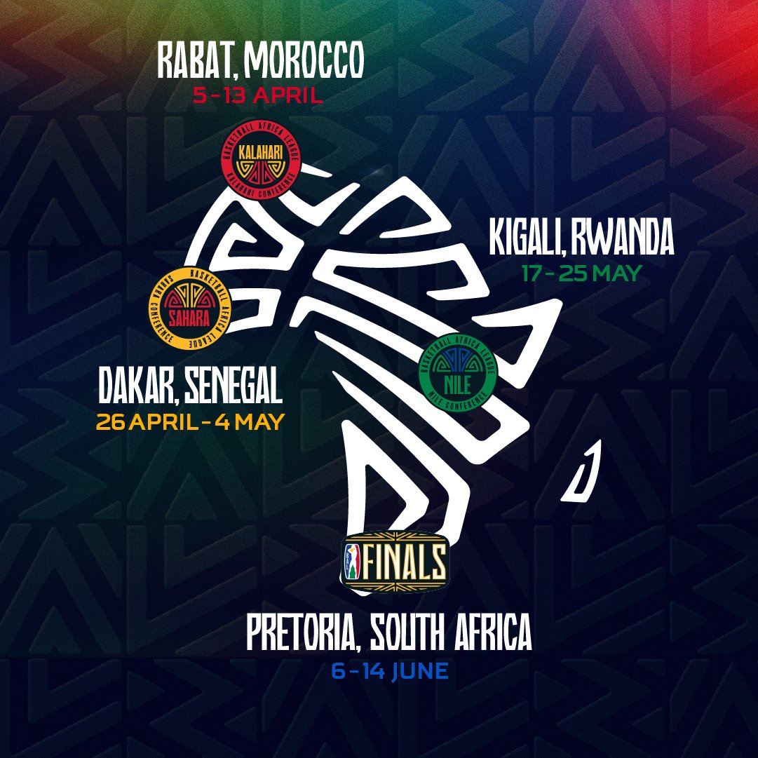 💥 THE BASKETBALL AFRICA LEAGUE IS BACK IN 2025! 🏀

📍🇲🇦 Rabat, Morocco: April 5–13 (𝗞𝗮𝗹𝗮𝗵𝗮𝗿𝗶 𝗖𝗼𝗻𝗳𝗲𝗿𝗲𝗻𝗰𝗲)
📍🇸🇳 Dakar, Senegal: April 26–May 4 (𝗦𝗮𝗵𝗮𝗿𝗮 𝗖𝗼𝗻𝗳𝗲𝗿𝗲𝗻𝗰𝗲)
📍🇷🇼 Kigali, Rwanda: May 17–25 (𝗡𝗶𝗹𝗲 𝗖𝗼𝗻𝗳𝗲𝗿𝗲𝗻𝗰𝗲)
📍🇿🇦 Pretoria, South