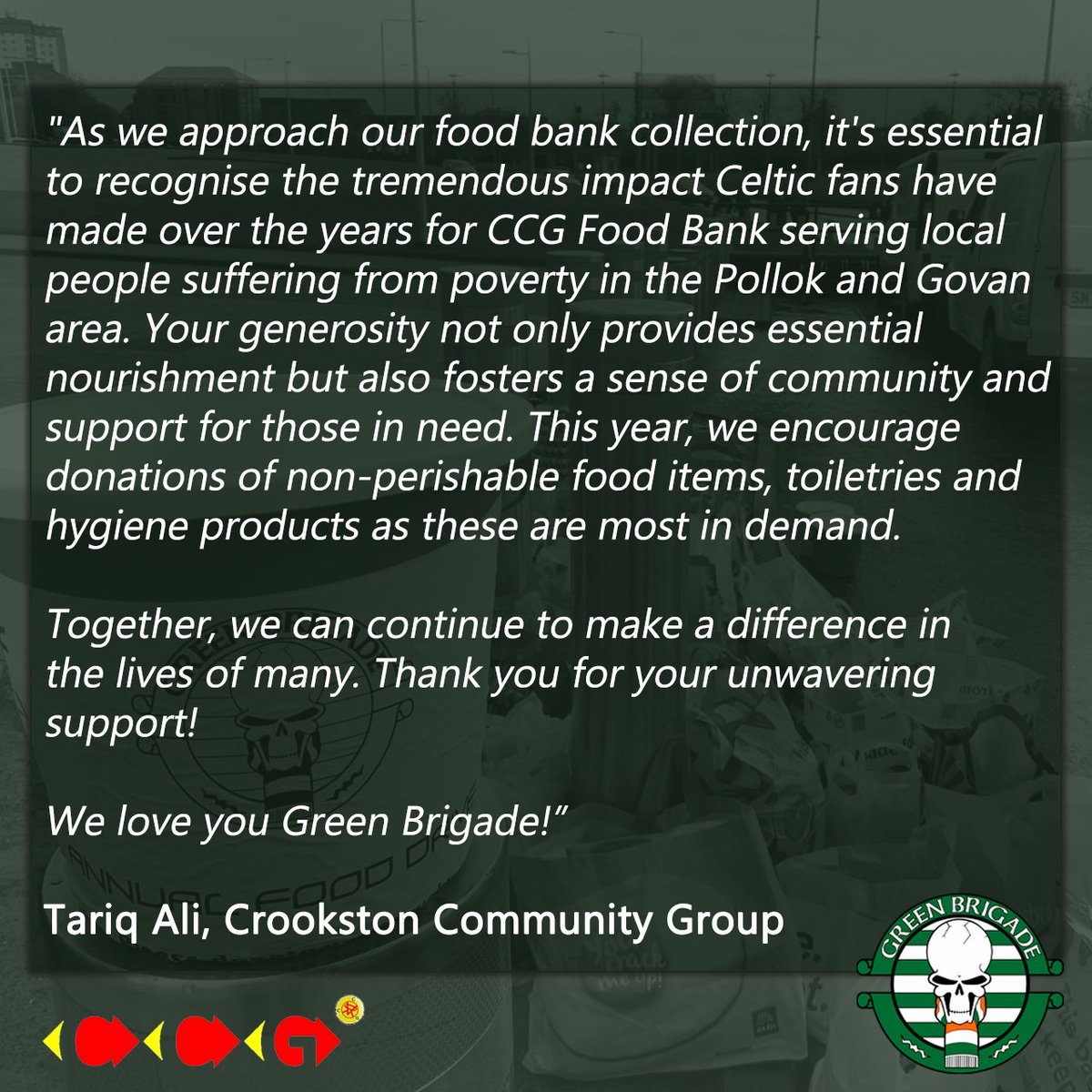 North Curve Celtic (@ncceltic) on Twitter photo A reminder that the annual Green Brigade Food Drive takes place on Saturday 30th November before the match v Ross County. Food and cash donations will be gratefully received by the various food banks in the run up to Christmas.
<a href="/ccg_charity/">Crookston Community Group</a> A reminder that the annual Green Brigade Food Drive takes place on Saturday 30th November before the match v Ross County. Food and cash donations will be gratefully received by the various food banks in the run up to Christmas.
<a href="/ccg_charity/">Crookston Community Group</a>