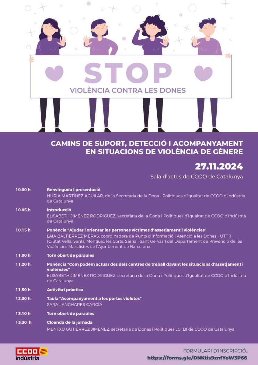 🟣 El 27/11 convoquem la jornada "Camins de suport, detecció i acompanyament en situacions de violència de gènere", en el marc dels actes al voltant del #25N.

Parlarem de:
📌com ajudar i orientar les víctimes
📌com podem actuar des dels centres de treball
📌les portes violetes