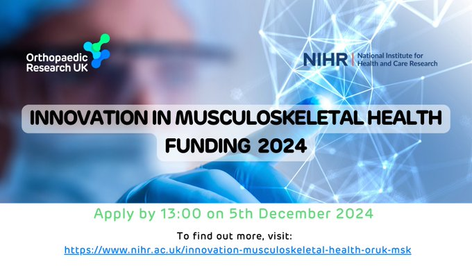 2 weeks are left to apply for the Innovation in Musculoskeletal Health programme. With @NIHRcommunity Invention for Innovation (i4i), we're seeking to co-fund research applications aiming to transform MSK health outcomes through emerging technologies. oruk.org/innovation-in-…
