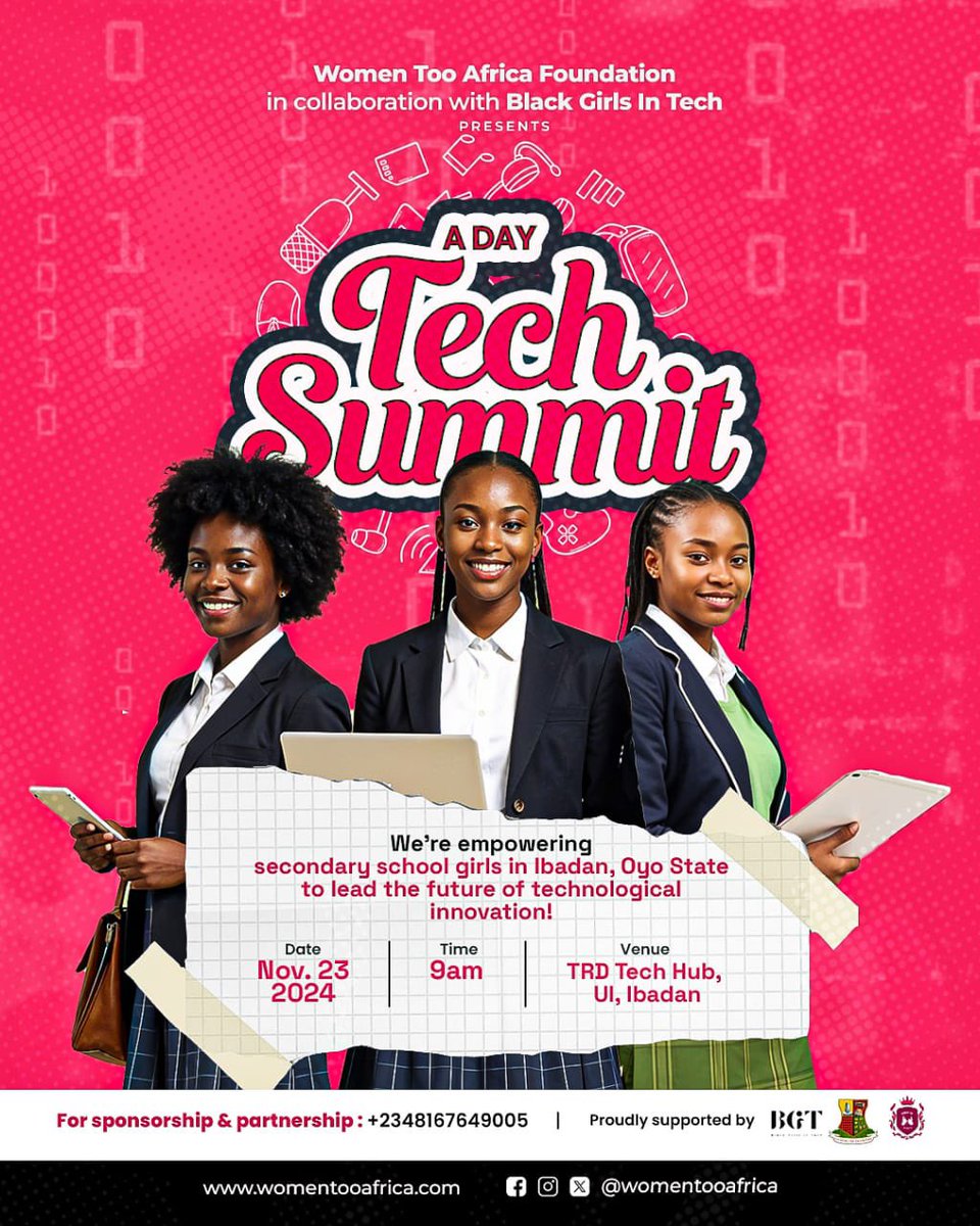 titilopegb's tweet image. Empowering the Next Generation of Female Tech Leaders!

Join us on Nov 23, 2024, as Women Too Africa Foundation &amp;amp; Black Girls In Tech bring tech education to secondary school girls in Ibadan, Oyo.

#TechForGirls
#WomenInTech
#EmpowermentThroughEducation