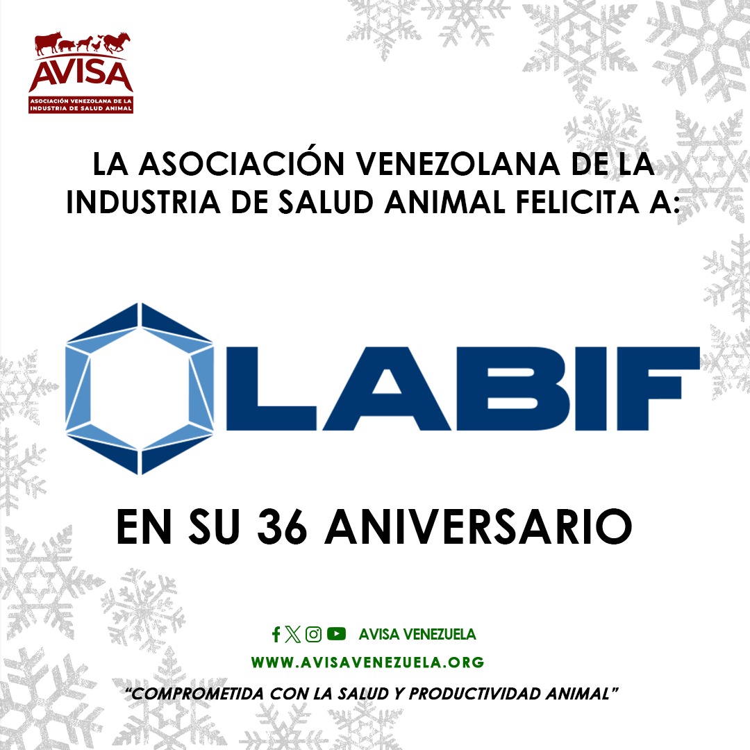 AvisaVenezuela's tweet image. La Junta Directiva de la Asociación Venezolana de la Industria de Salud Animal, sus agremiados y personal administrativo felicita al Laboratorio Veterinario Labif  por arribar a su 36 aniversario.

#AVISAVenezuela #LabifVenezuela #Venezuela