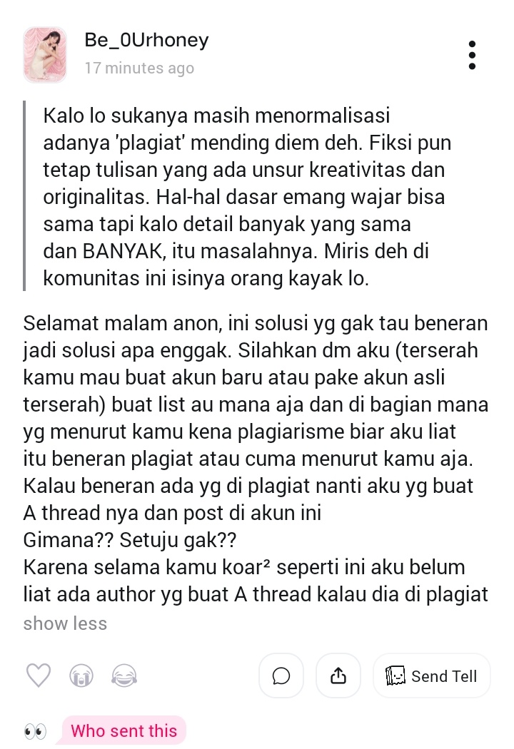 Be_0Urhoney's tweet photo. ❓ Kalo lo sukanya masih menormalisasi adanya 'plagiat' mending diem deh. Fiksi pun tetap tulisan yang ada unsur kreativitas dan originalitas. Hal-hal dasar e...
💬 Selamat malam anon, ini solusi yg gak tau beneran jadi solusi apa enggak. Sil... #xerry https://t.co/XiSqh5ehuS https://t.co/fIhAReGz9U