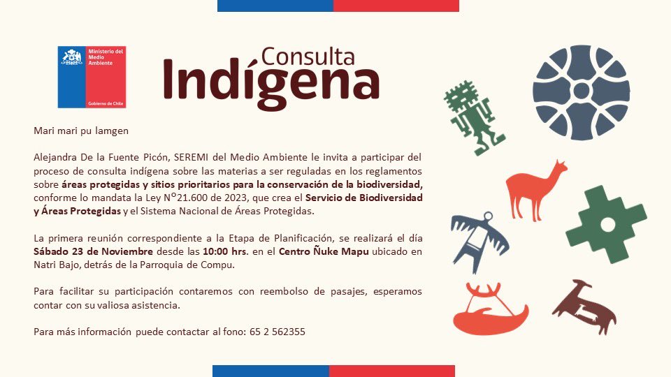 🌿✨ Invitación a la Consulta Indígena ✨🌿

✅ ¡Esperamos contar contigo!
#ConsultaIndígena #Biodiversidad #ÁreasProtegidas #MedioAmbiente #Conservación
