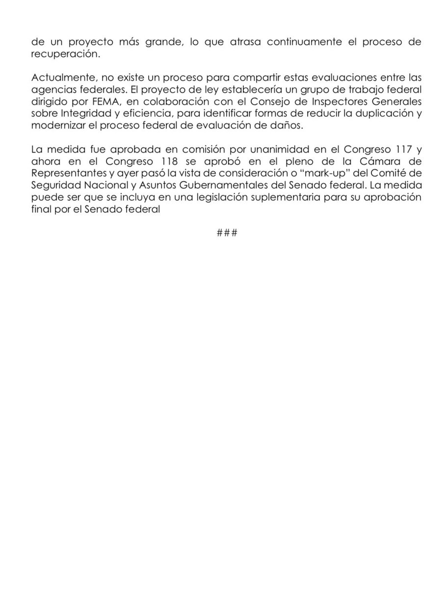 Pasa a votación del Senado federal medida de Jenniffer González para mejorar el acceso a la asistencia federal por desastre
 
21 de noviembre de 2024- Washington, D.C. - El Comité de Seguridad Nacional y Asuntos Gubernamentales del Senado federal, aprobó ayer el H.R. 255 de la