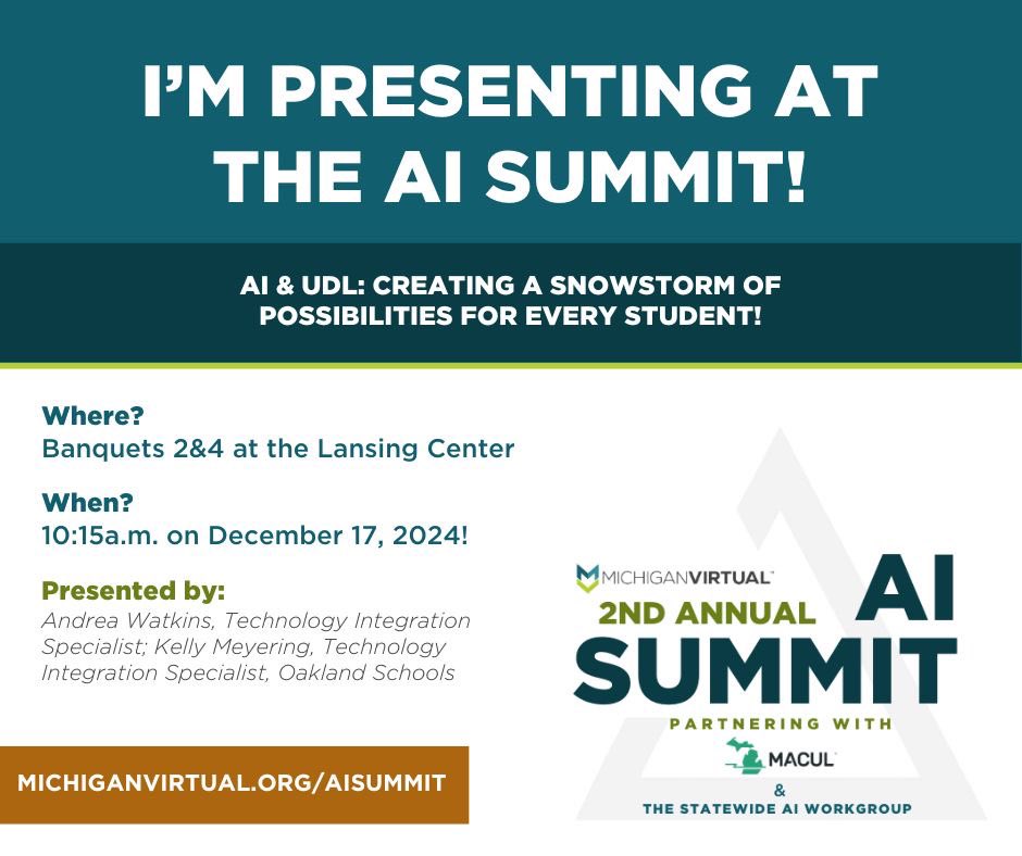 Andrea Watkins (@techdrea_) on Twitter photo I am so excited to have the opportunity to chat about AI & UDL at Michigan Virtual’s AI Summit alongside <a href="/KMeyering/">Kelly Meyering</a> 🤖🧠
Registration closes 12/9: lnkd.in/gFDNdin5 I am so excited to have the opportunity to chat about AI & UDL at Michigan Virtual’s AI Summit alongside <a href="/KMeyering/">Kelly Meyering</a> 🤖🧠
Registration closes 12/9: lnkd.in/gFDNdin5