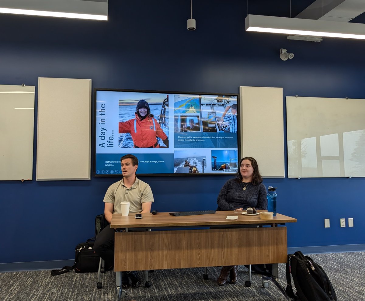 MI Alumni, Zach Barnes &amp; Stephanie Snow, discuss a day in the life of a Geomatics Officer with current SOT students. #oceanmapping <a href="/marineinstitute/">Marine Institute, Memorial University</a>
