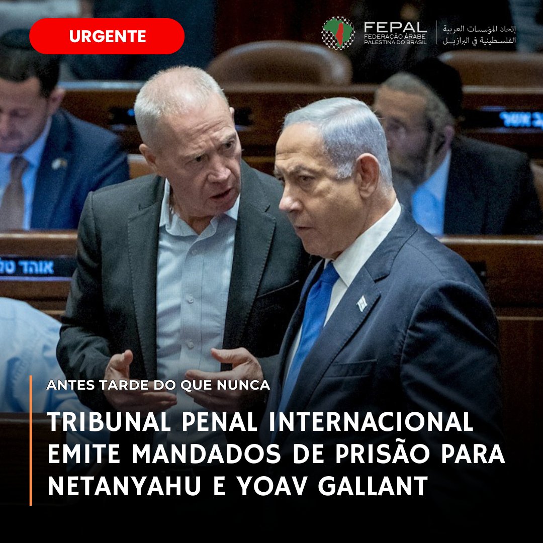 URGENTE: Tribunal Penal Internacional FINALMENTE emitiu mandados de prisão para Netanyahu e o ex-ministro da "defesa" israelense Yoav Gallant.

O procurador-geral do TPI havia pedido a prisão da dupla genocida em 20 de maio de 2024 por crimes de guerra e contra a humanidade.