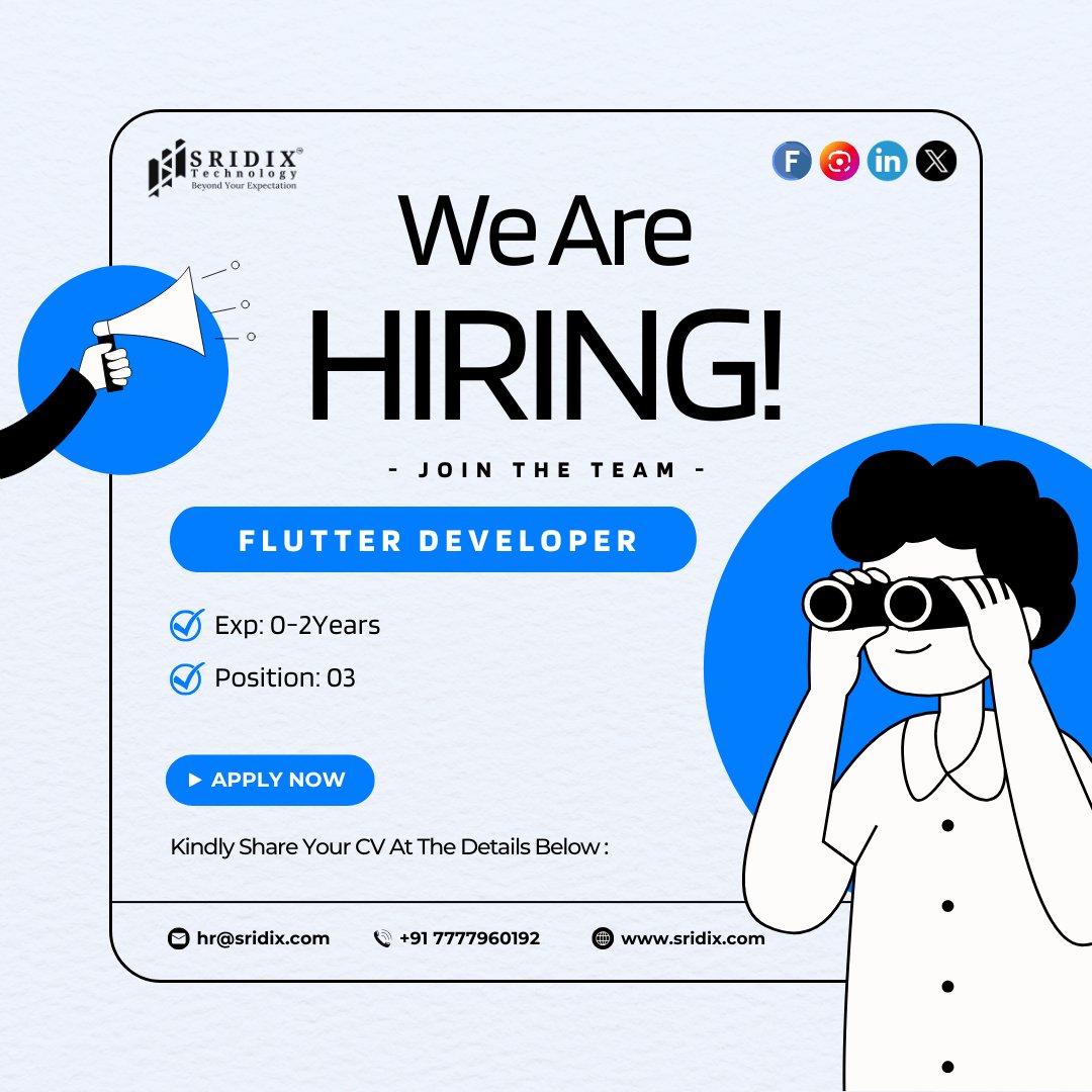 SridixTech's tweet photo. 🚀 Join Our Team! We're Hiring a Skilled Flutter Developer 📱✨ Ready to take your app development skills to the next level? Apply now and be part of our innovative team! 🚀
.
.
.
#FlutterDeveloper #MobileAppDevelopment #JoinOurTeam #WeAreHiring #SridiXTechnology https://t.co/LHJ24MIYlj