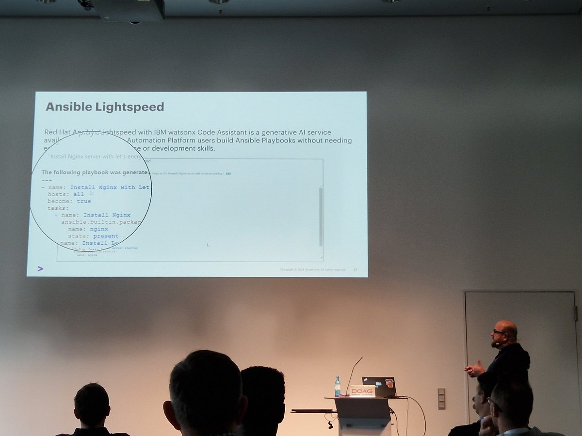 Wow, that was a run from @martinberger_ch <a href="/Accenture/">Accenture</a> at #DOAG2024, the fourth presentation, topic #Automation #GenAI #Ansible #Lightspeed programming ansible for the lazy one...