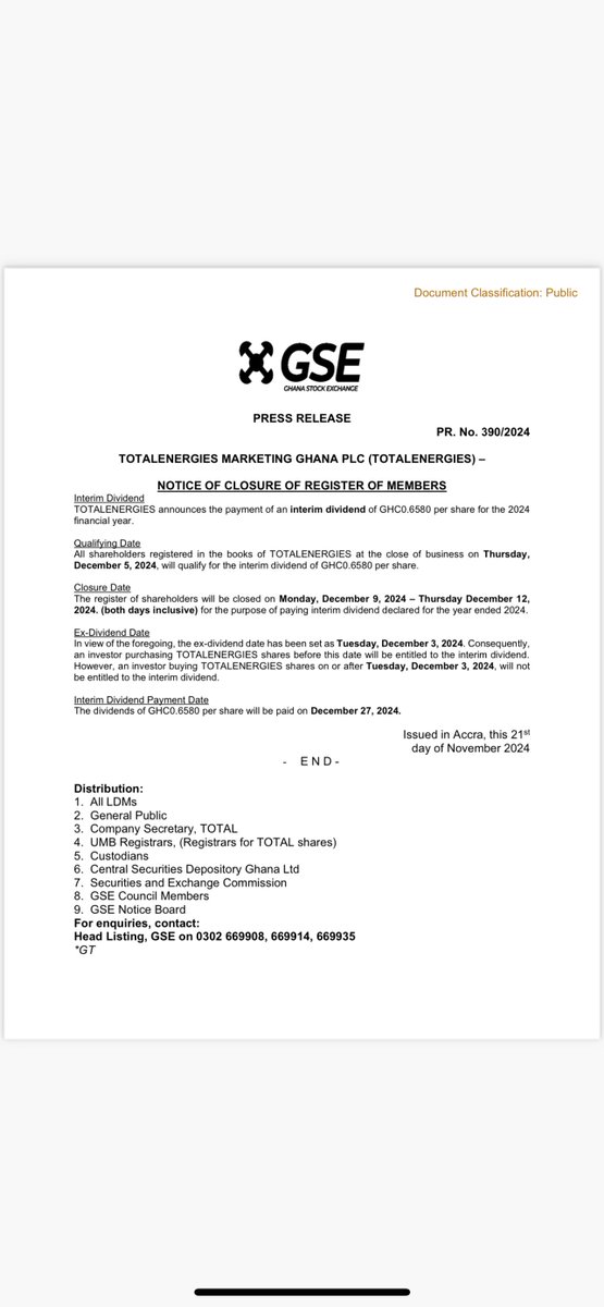 RepublicSecGh's tweet photo. #TOTALENERGIES announces the payment of an interim #dividend of GHC0.6580 per share for the 2024 financial year.  #GSE #PressRelease https://t.co/7bI0dQT3tf