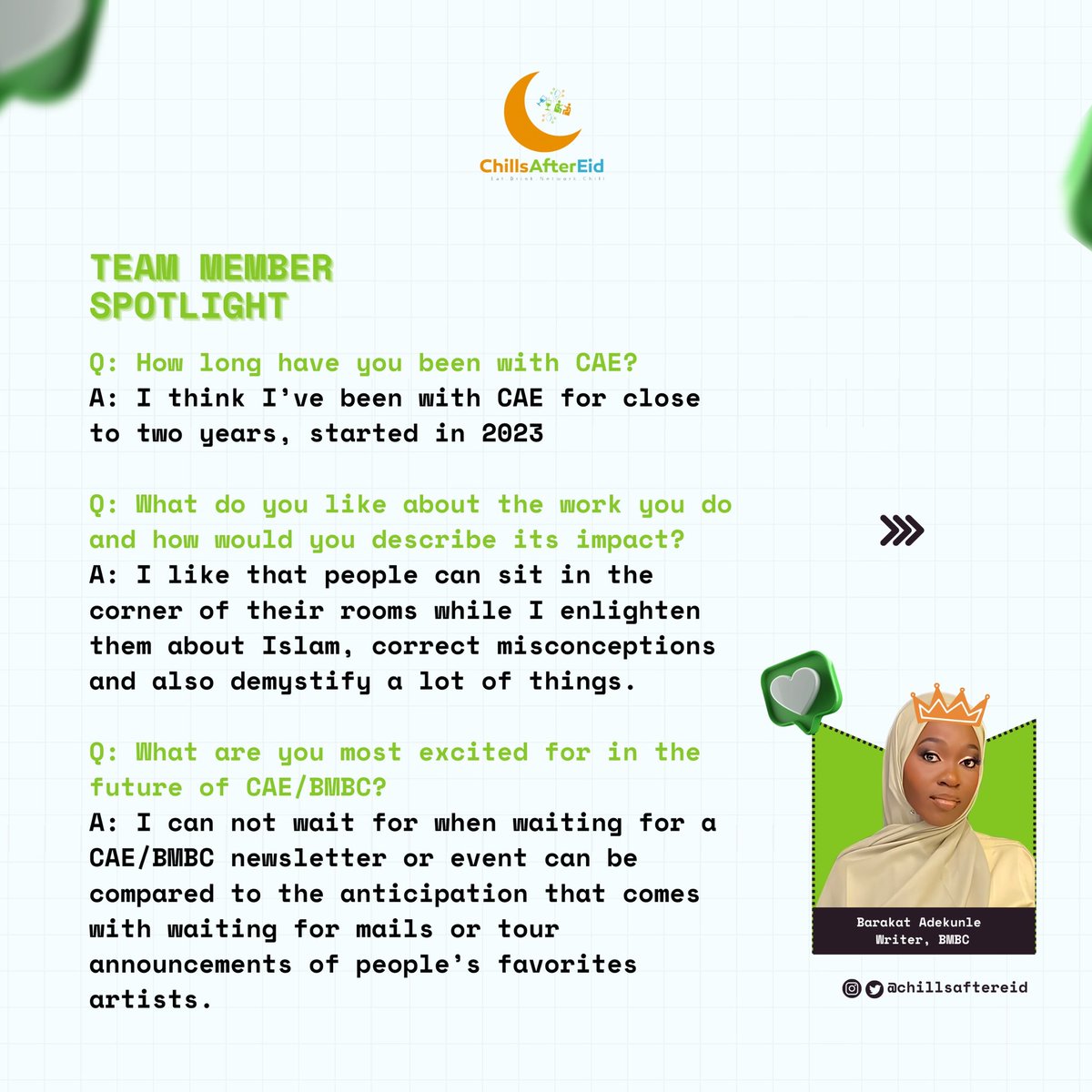 ChillsAfterEid's tweet image. Salam✨, Meet Barakat, a proud voice of #ChillsAfterEid for 2 years! Passionate about enlightening others on Islam, she envisions #CAE newsletters and events sparking excitement like favorite tour announcements. Be part of this journey—join today: bit.ly/CAE_BMBC
#BMBC