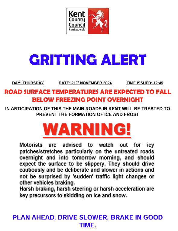 ❄️Gritting Alert: Thursday 21st November 2024
<a href="/GrittingKent/">Gritting Kent (Kent Highways)</a> will be treating primary routes throughout Kent tonight &amp; tomorrow morning to help prevent the formation of ice and frost.❄️
