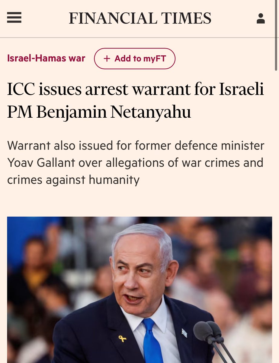 BREAKING: International Criminal Court (ICC) has finally issued arrest warrants for Benjamin Netanyahu &amp; Yoav Gallant.

This comes after 13 months of the most documented genocide in world history. 

Every country that sold arms to Israel is complicit in crimes against humanity.