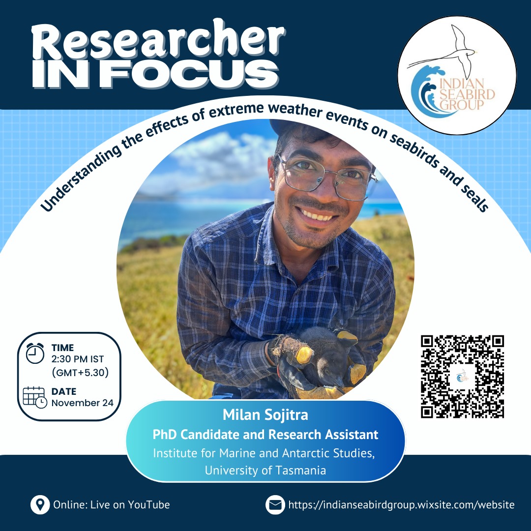 Indian Seabird Group (@indianseabird) on Twitter photo We are excited to welcome Milan Sojitra as the first guest of our Researcher in Focus series! He will talk about how weather conditions affect the population dynamics of marine predators. Save the date! <a href="/BirdLifeMarine/">BirdLife Marine</a> <a href="/BNHSIndia/">Bombay Natural History Society</a> <a href="/TheSeabirdGroup/">The Seabird Group</a> <a href="/PacificSeabirds/">PacificSeabirdGroup</a> <a href="/WCSIndia/">WCS-India</a> We are excited to welcome Milan Sojitra as the first guest of our Researcher in Focus series! He will talk about how weather conditions affect the population dynamics of marine predators. Save the date! <a href="/BirdLifeMarine/">BirdLife Marine</a> <a href="/BNHSIndia/">Bombay Natural History Society</a> <a href="/TheSeabirdGroup/">The Seabird Group</a> <a href="/PacificSeabirds/">PacificSeabirdGroup</a> <a href="/WCSIndia/">WCS-India</a>