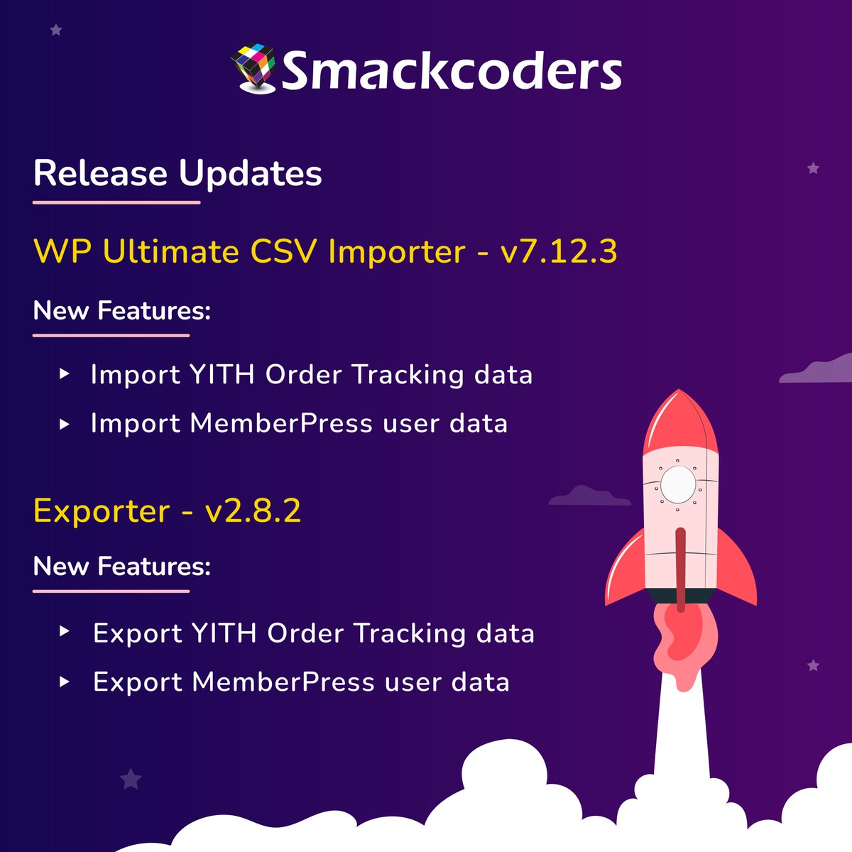 smackcoders's tweet image. Exciting updates to our free plugins!🎉

WP #UltimateCSVImporter v7.12.3:
- Import YITH Order Tracking data
- Import MemberPress user data

Exporter v2.8.2:
- Export #YITHOrderTracking data
- Export #MemberPress user data

Download: wordpress.org/plugins/wp-ult…

#WordPress  #Plugins