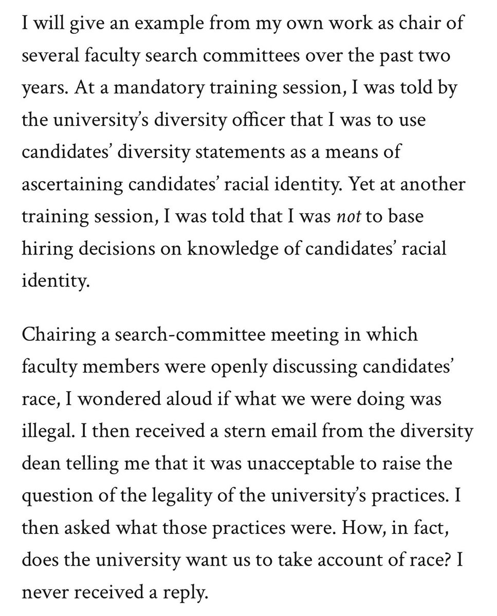 The Orwellian world of DEI in academic hiring:

You’re hiring based on race, but you’re not. You can talk about race, but you can’t. You must follow the law, but you must not. You’re screening for ideology, but you’re not.

This has to end.